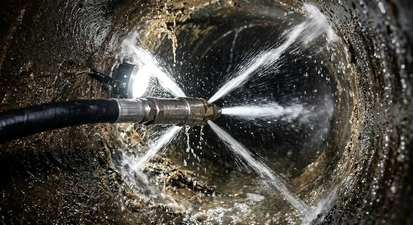 High-pressure hydro jetting nozzle cleaning sewer pipe for Trenchless Sewer Repair in Gilford