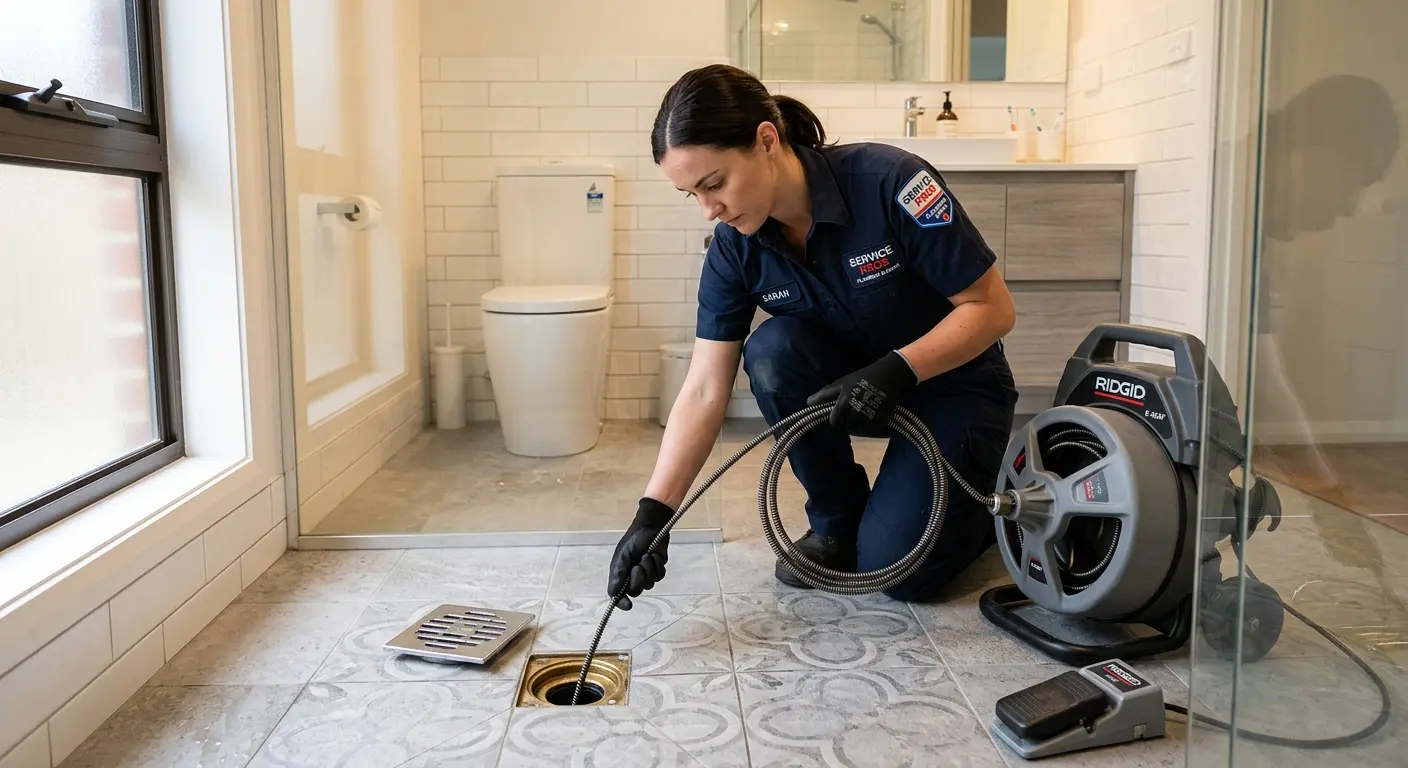 Technician clearing a bathroom floor drain for Clogged Drain Repair in Gilford